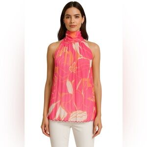 Milly Pink Orange Pleated Halter Blouse Silk Resort Vacation Luxe Top Size P